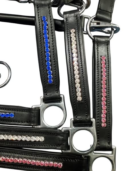 Wholesale Diamanté Leather Headcollar – Pink, Blue & Silver