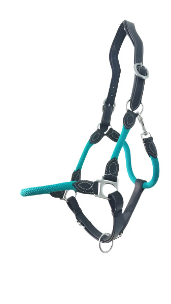 Leather Headcollar with Rope – Teal or Orange Rope Detail