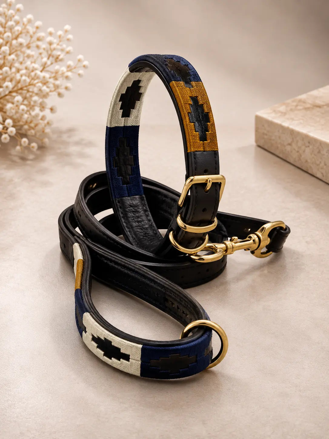 Navy & Mustard Argentinian Polo Dog Collar & Lead Set