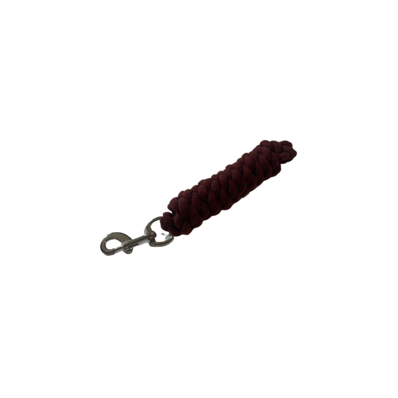 Brown horse lead rope with a metal clip on a white background