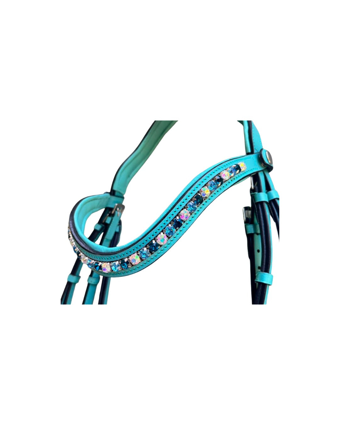 Padded Ocean Blue Flash Noseband Fancy Bridle – Rubber Grip Reins Included