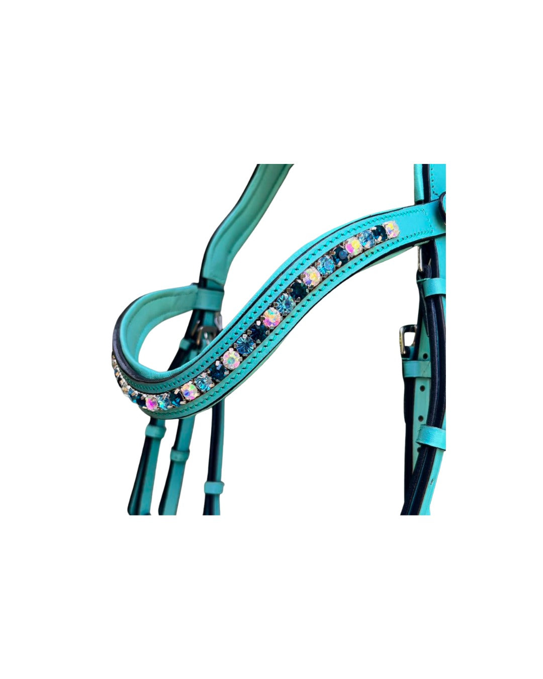 Padded Ocean Blue Flash Noseband Fancy Bridle – Rubber Grip Reins Included