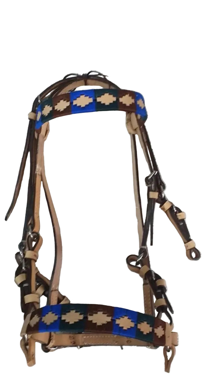 Horse bridle with decorative patterns on a tiled floor
