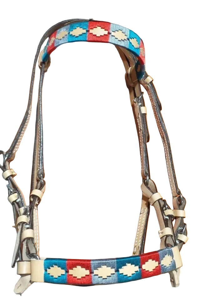 Horse bridle with colorful beaded reins on a wooden surface