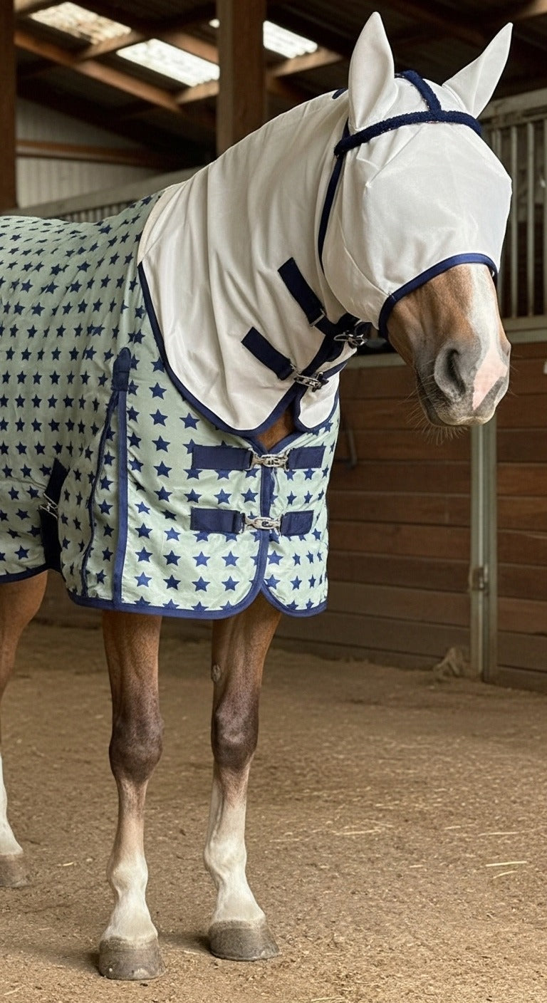 Star Print Horse Fly Rug Combo with Fixed Neck & Fly Mask