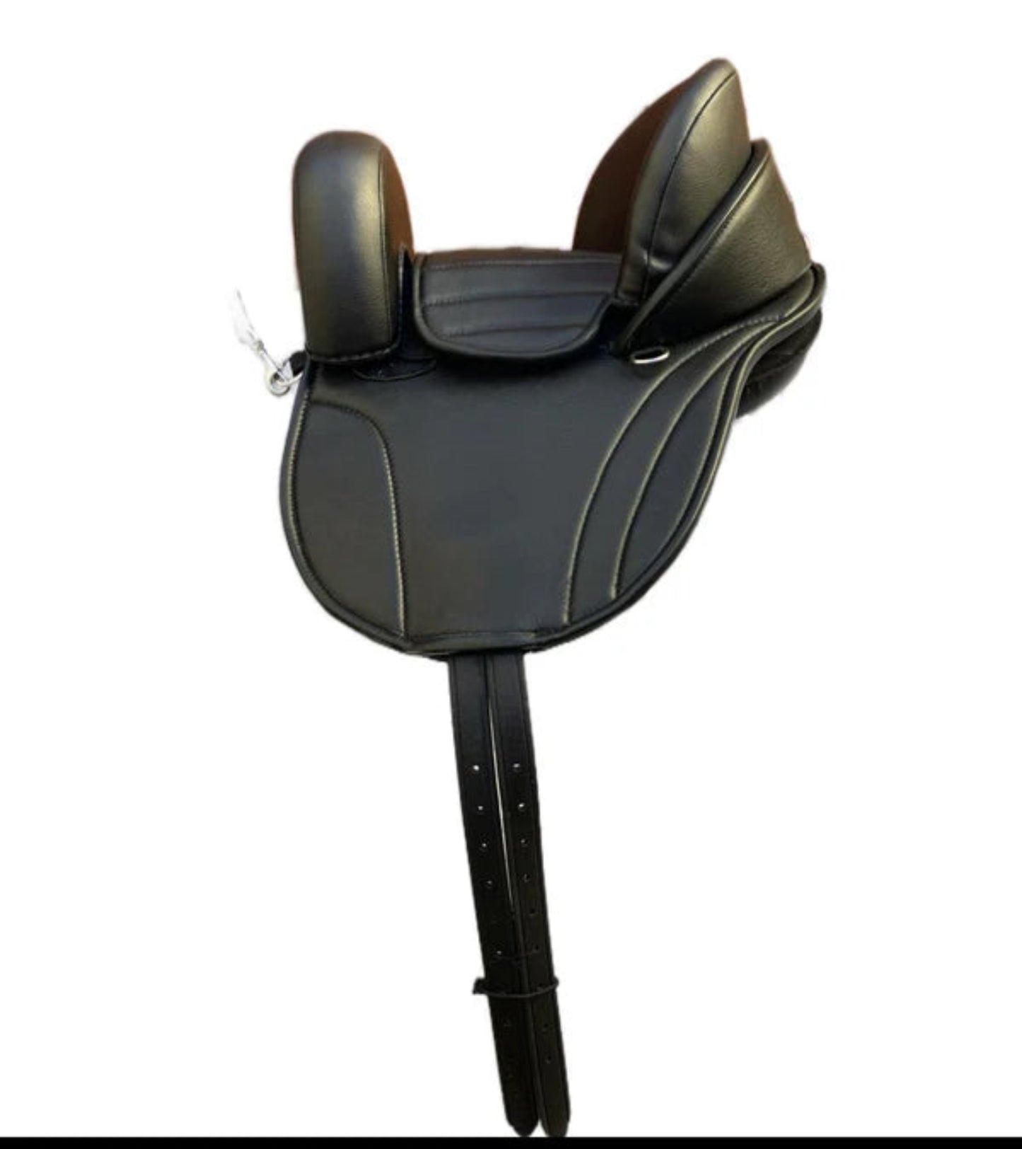 Black leather equestrian horse saddle for children on a white background
