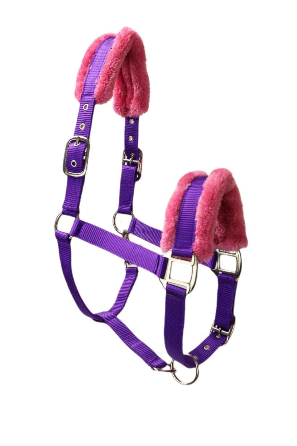 Purple horse halter with pink fur padding on a white background