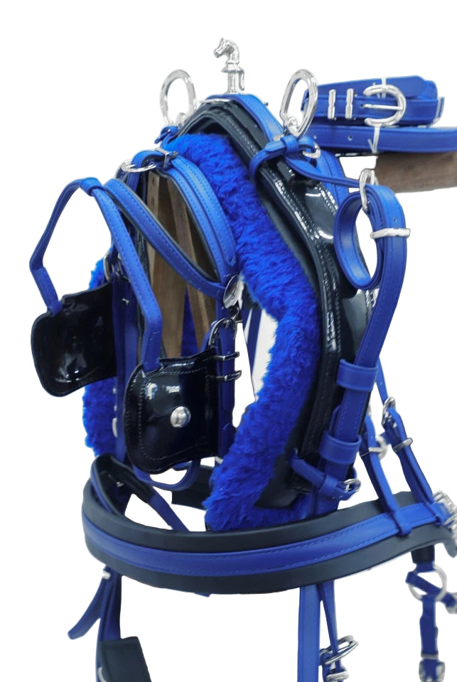 Blue and black horse harness on a stand against a white background
