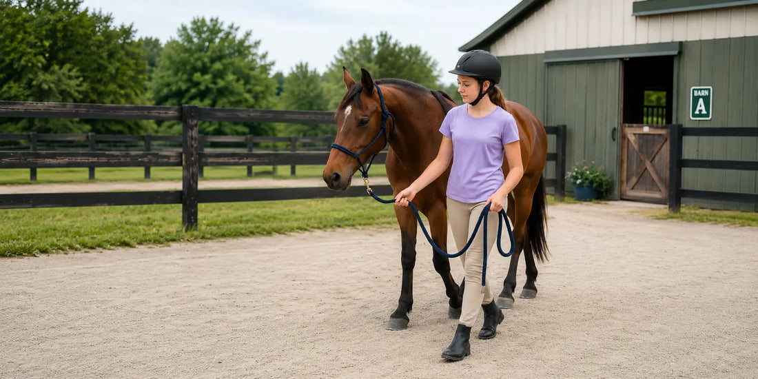 Beginner leading a horse using a nylon headcollar and lead rope