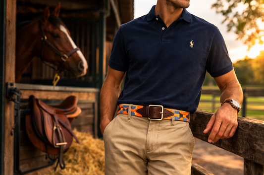 Man wearing polo shirt with brown leather belt and khaki chinos, smart casual outfit