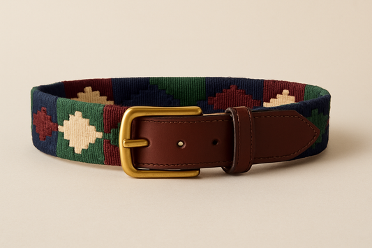 A polo belt with colorful pampa diamond patterns in navy, red, green, and beige, paired with brown leather and a brass buckle, displayed against a beige background.