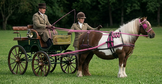 pony wearing a properly fitted pony driving harness attached to a cart in a field