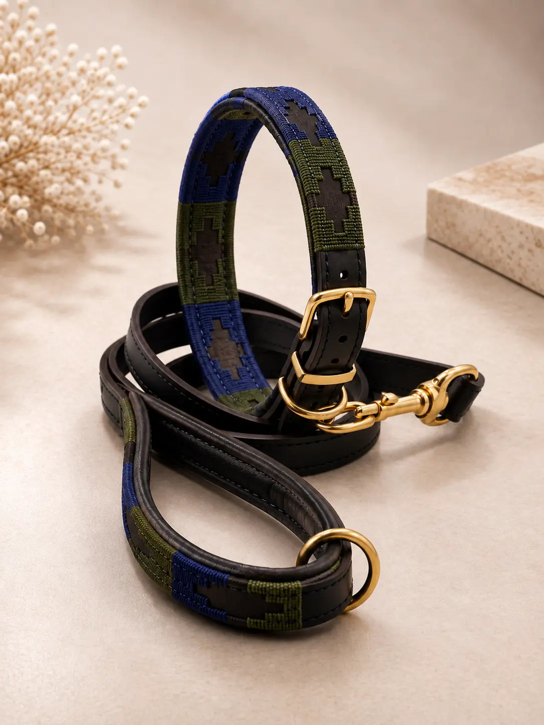Navy & Olive Argentinian Polo Dog Collar & Lead Set