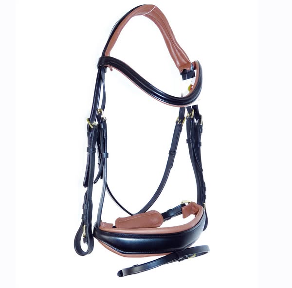 Wholesale Anatomical Bridle – Black Leather with Cognac Padding & Brass Hardware