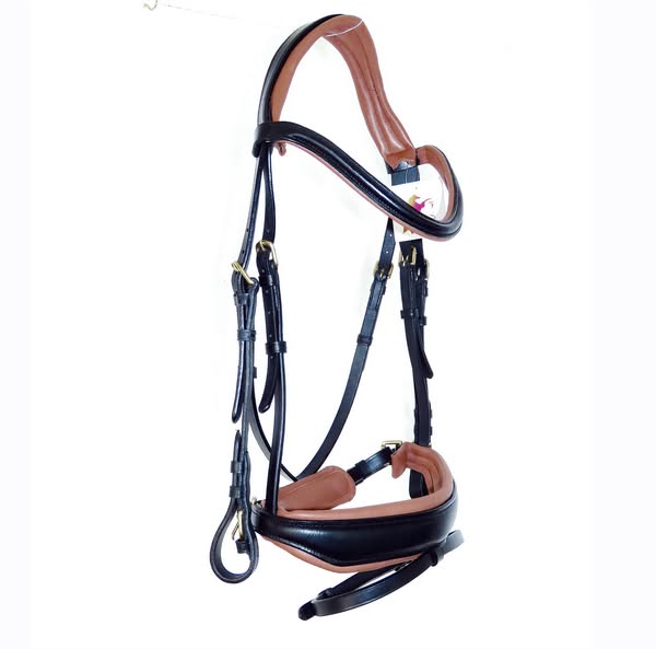 Wholesale Anatomical Bridle – Black Leather with Cognac Padding & Brass Hardware