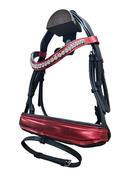 Red Metallic Stunner Bridle – Black Leather with Rubber Grip Reins (Wholesale)