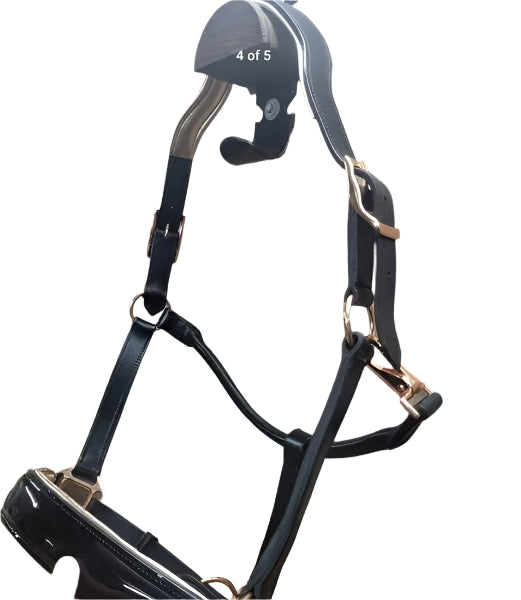 Black Patent Leather Headcollar with Rose Gold Piping