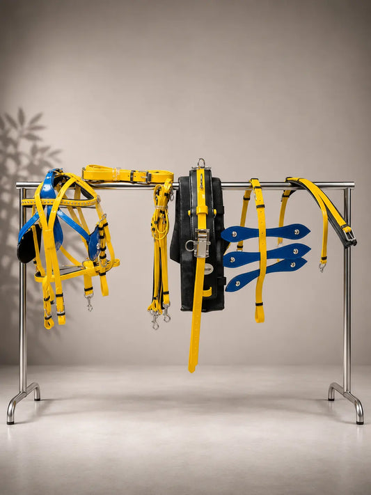 Yellow & Blue Biothane Quick Hitch Harness | Waterproof Waffle Performance Pad