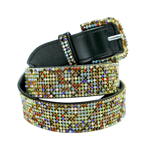 Crystal Rhinestone Belt – Black Leather with Multicolor Crystals