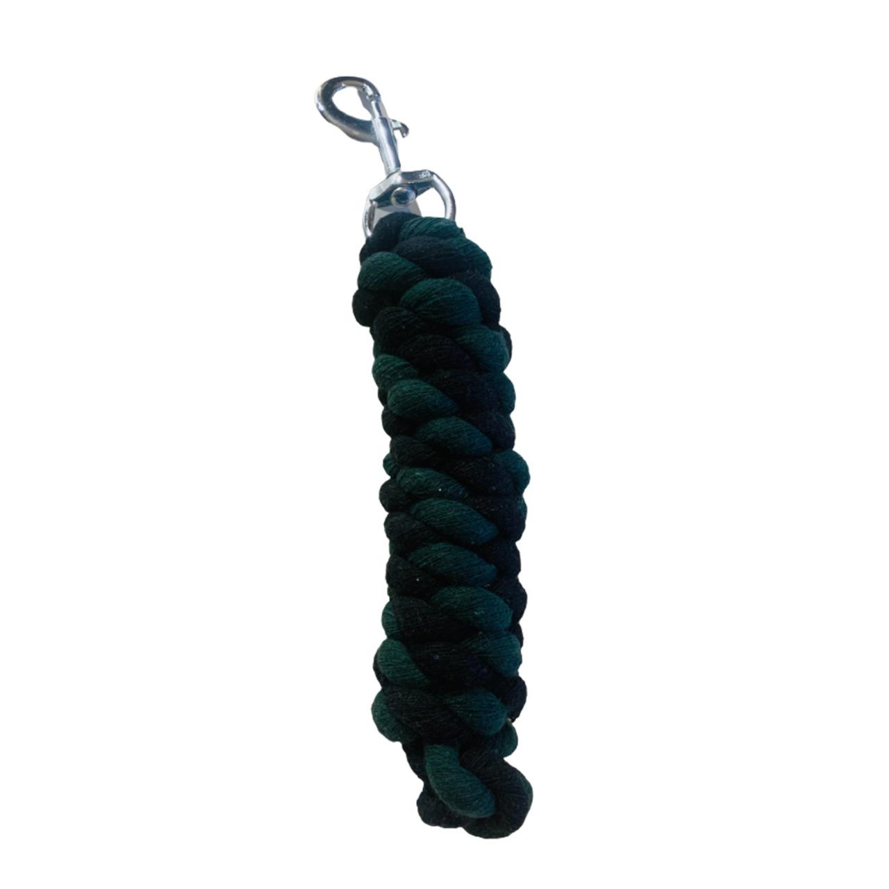 Black braided rope with a metal clip on a white background