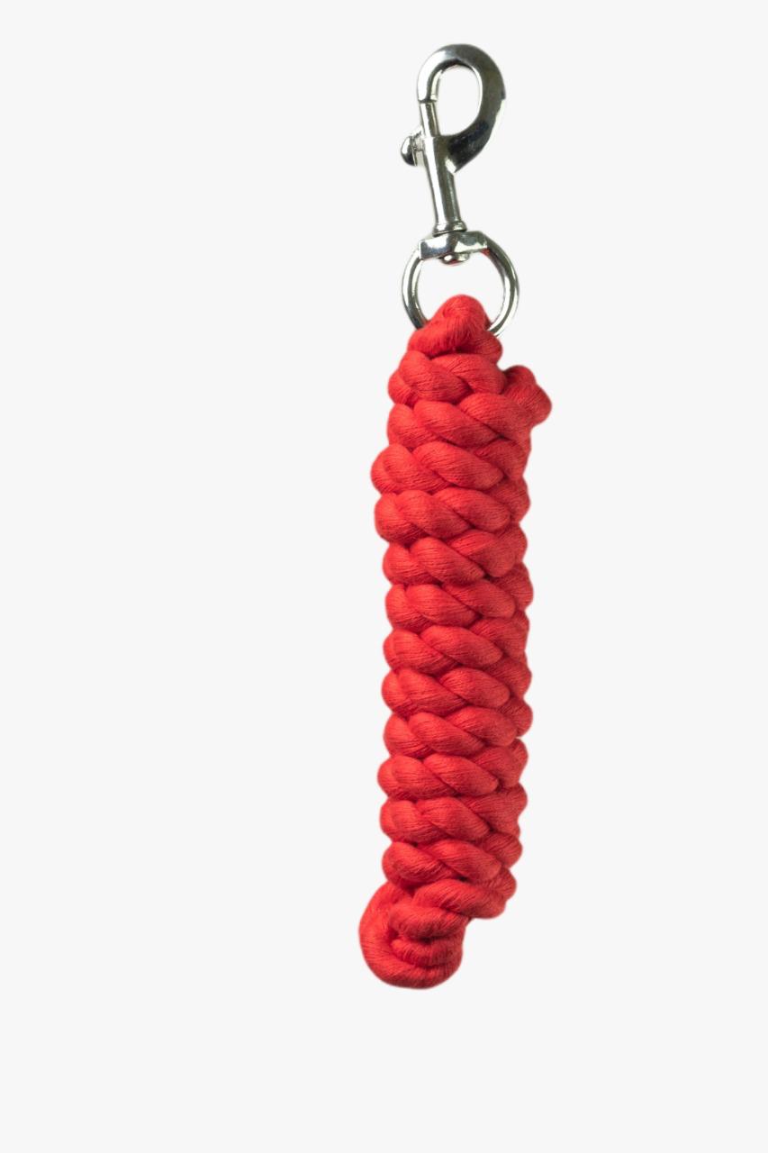 Red rope dog toy with a metal clip on a white background