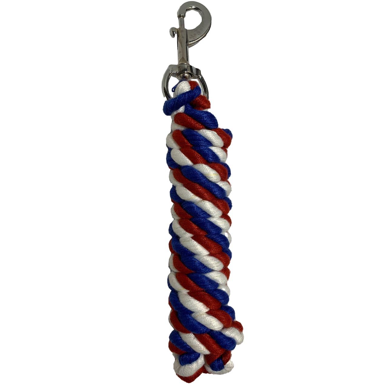 Multicolor red, blue, and white horse lead rope with silver or brass hook – available for B2B wholesale from Criterion
