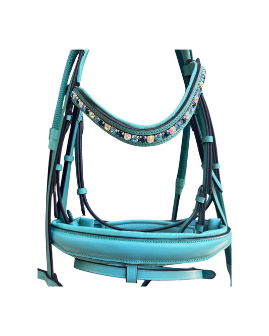 Padded Ocean Blue Flash Noseband Fancy Bridle – Rubber Grip Reins Included