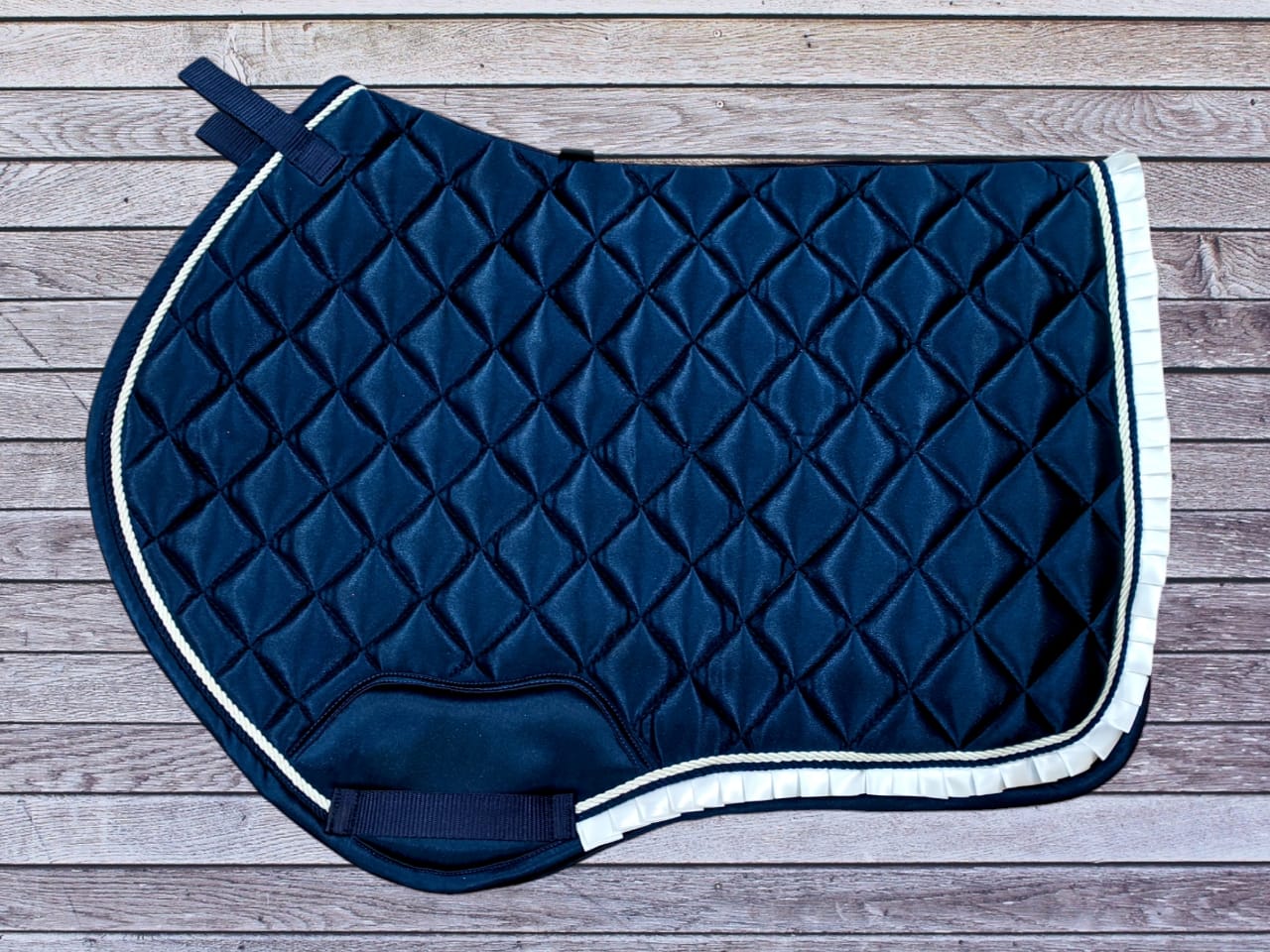 NAVY DIAMOND QUILTED SADDLE PAD WITH RUFFLE TRIM