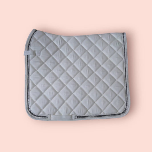 WHITE DRESSAGE SADDLE PAD WITH BLACK RHINESTONE TRIM