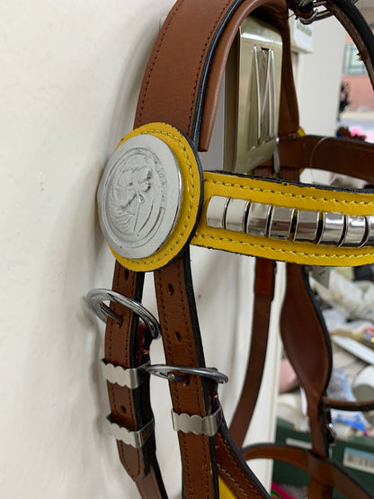 Tan & Yellow – Heavy Stallion Bridle (Show Bridle) with Brass Clinchers & Lead
