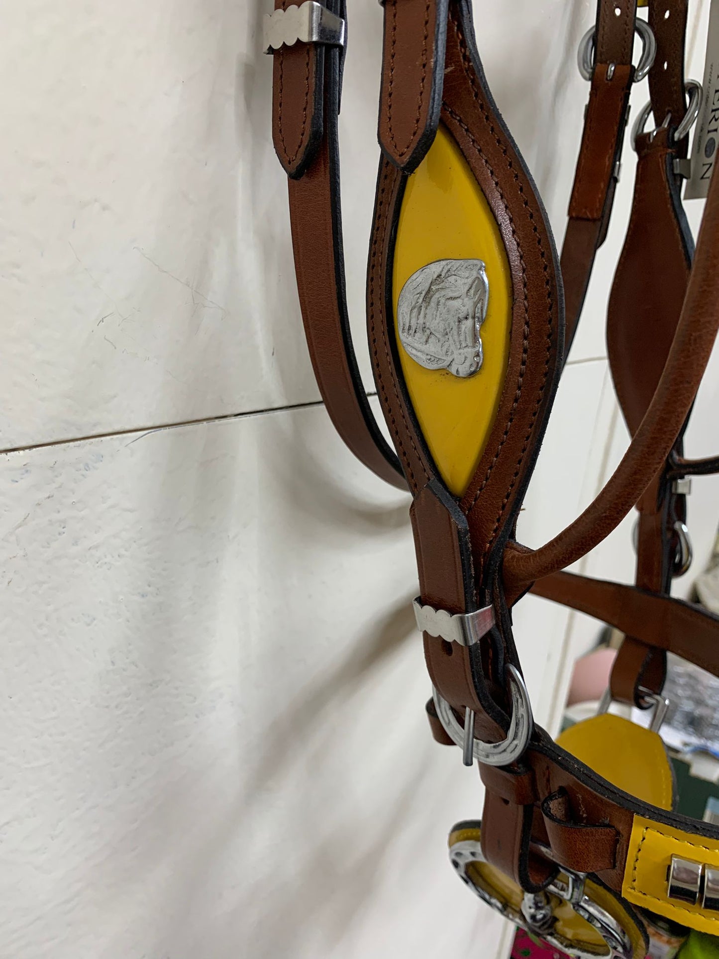 Tan & Yellow – Heavy Stallion Bridle (Show Bridle) with Brass Clinchers & Lead