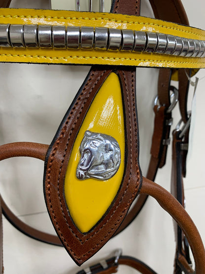 Tan & Yellow – Heavy Stallion Bridle (Show Bridle) with Brass Clinchers & Lead