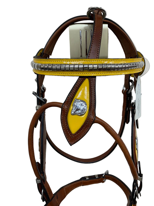Horse bridle with yellow center and brown sides on a white background