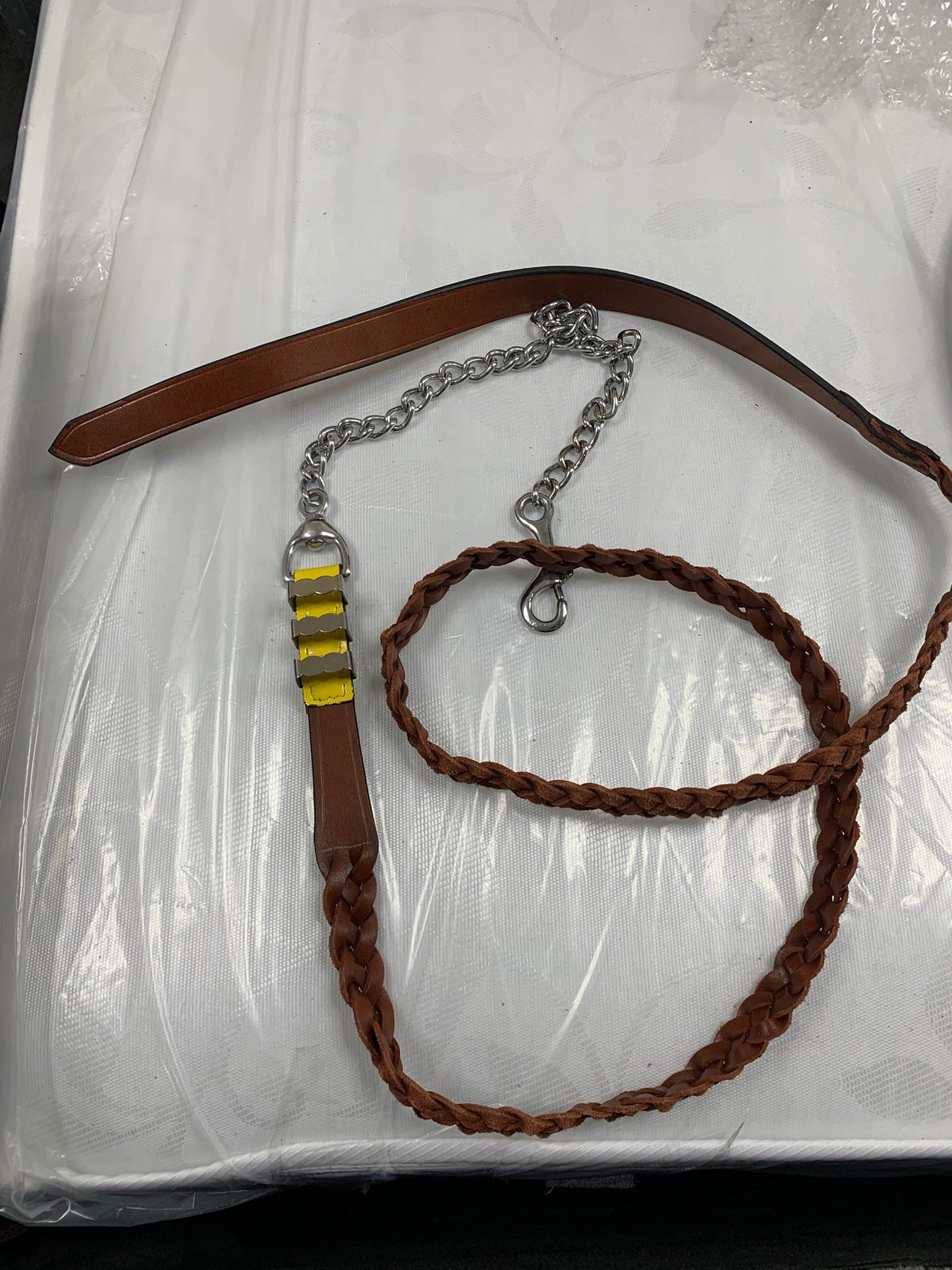 Tan & Yellow – Heavy Stallion Bridle (Show Bridle) with Brass Clinchers & Lead