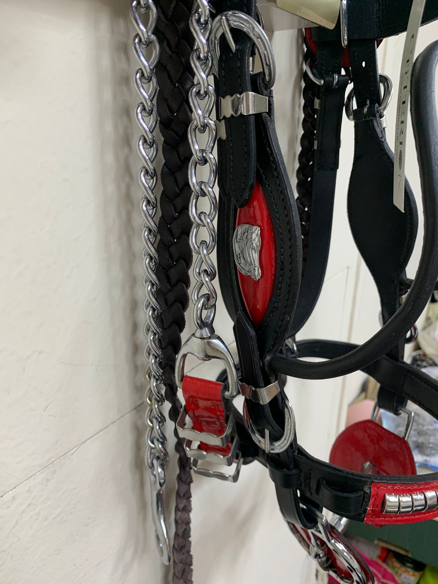 Heavy Show Bridle with Brass Clinchers, Bit & Matching Braided Lead – Black with Red Padding