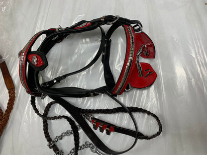 Heavy Show Bridle with Brass Clinchers, Bit & Matching Braided Lead – Black with Red Padding