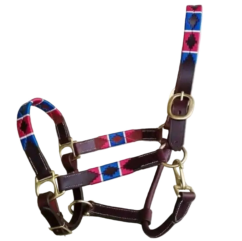 Horse halter with colorful patterned straps on a light background