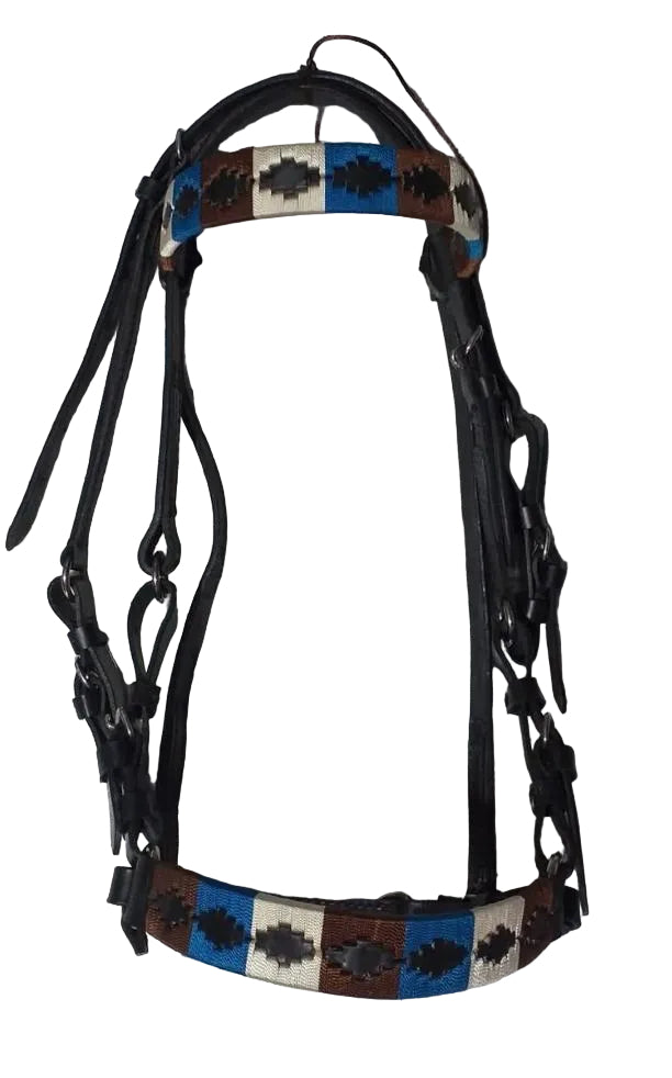 Horse bridle with decorative pattern on a tiled floor