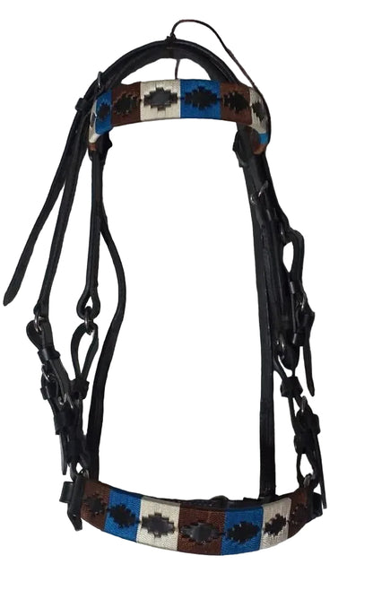 Horse bridle with decorative pattern on a tiled floor