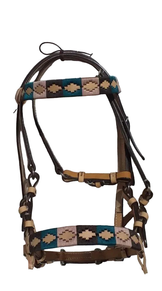 Horse bridle with decorative pattern on a tiled floor