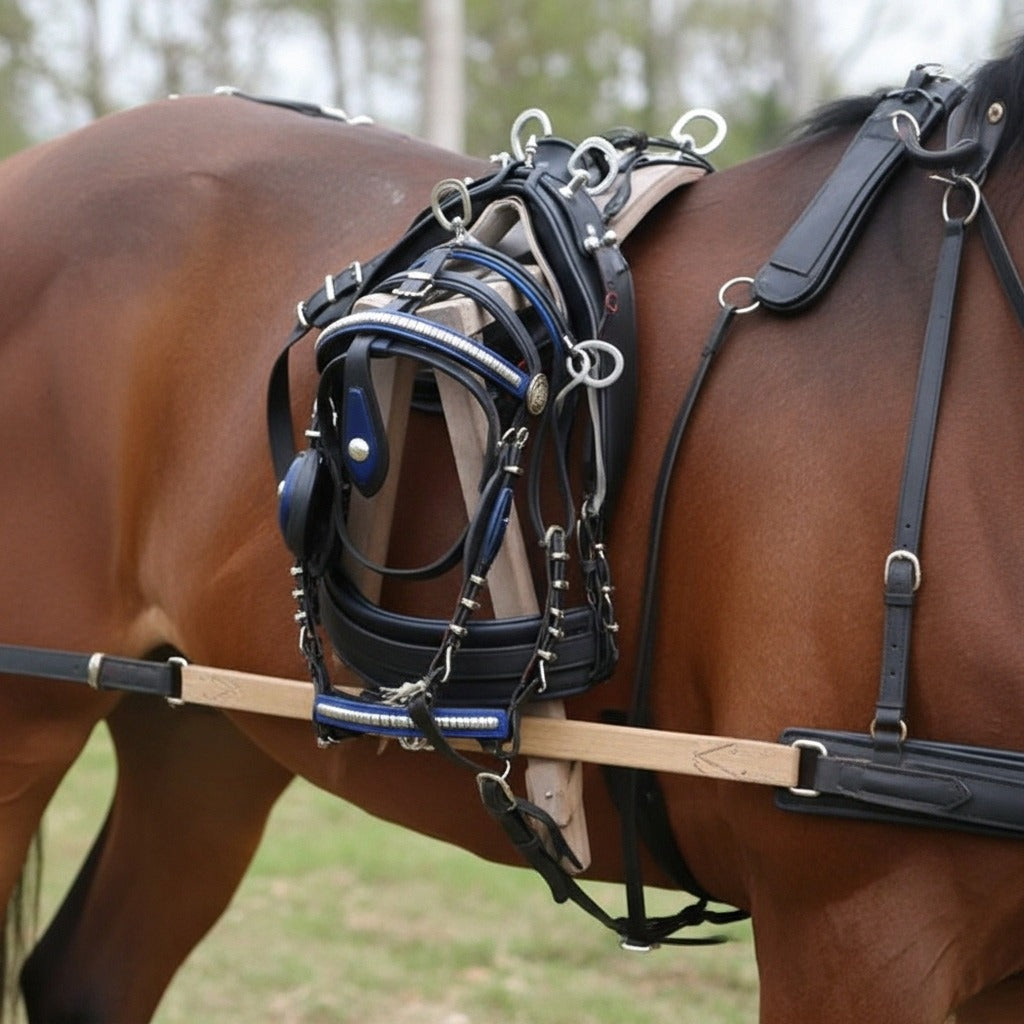 High-Quality Biothane Driving Harness – Blue & Black with Studded Clincher Blinkers