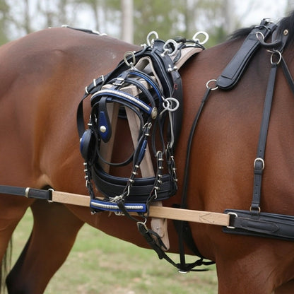 High-Quality Biothane Driving Harness – Blue & Black with Studded Clincher Blinkers
