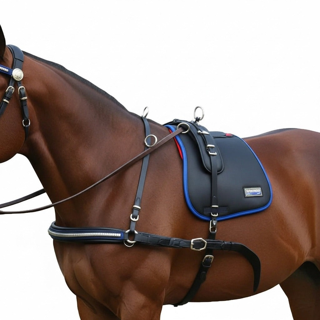 High-Quality Biothane Driving Harness – Blue & Black with Studded Clincher Blinkers