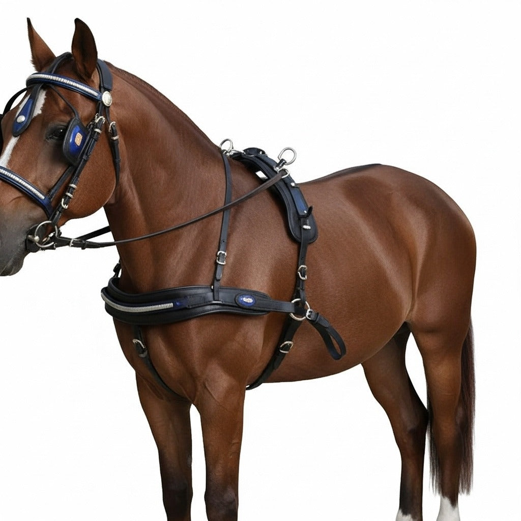 High-Quality Biothane Driving Harness – Blue & Black with Studded Clincher Blinkers