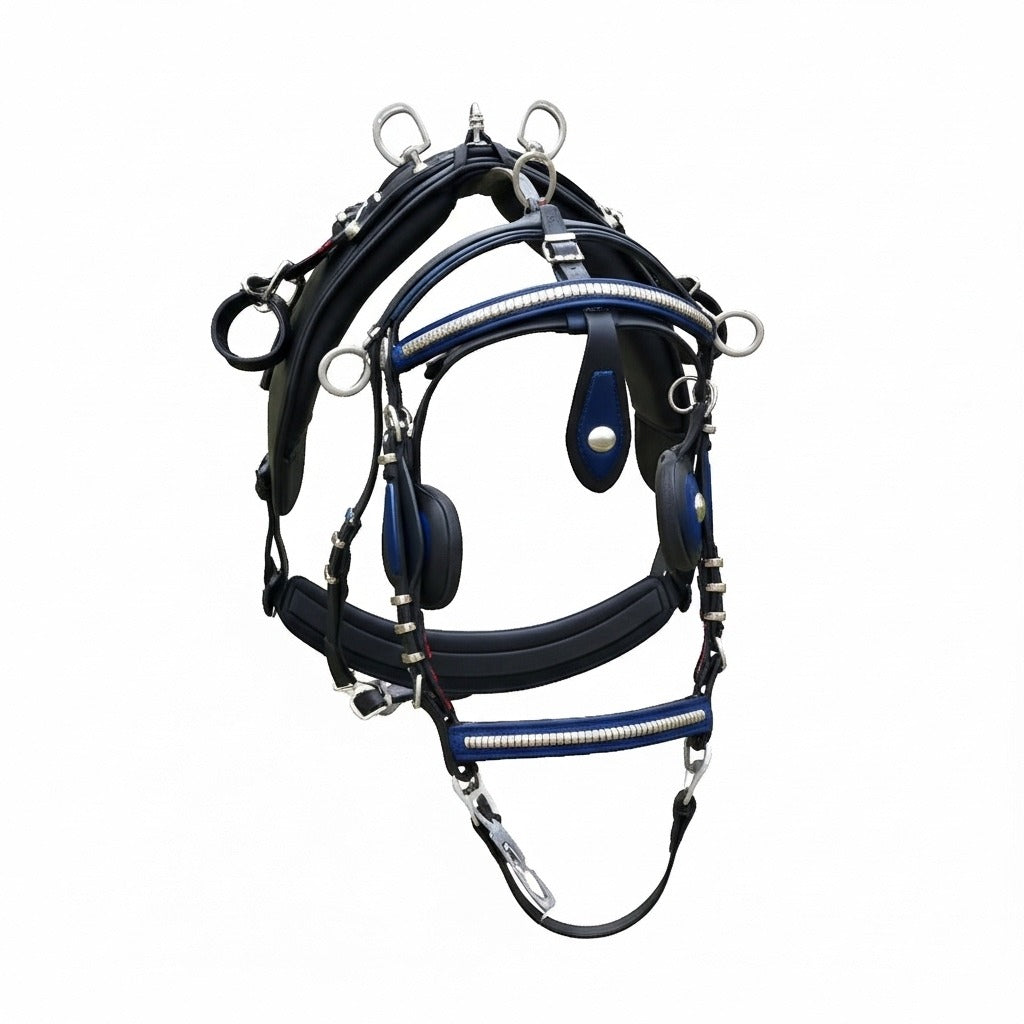 High-Quality Biothane Driving Harness – Blue & Black with Studded Clincher Blinkers