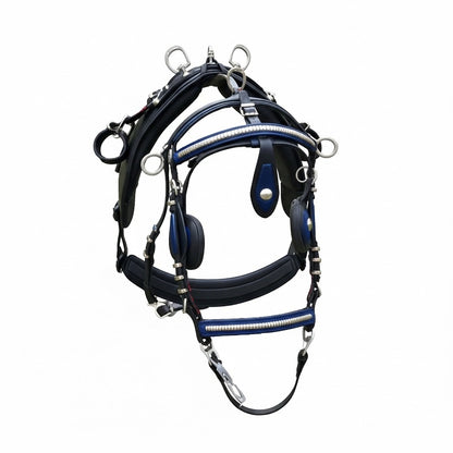 High-Quality Biothane Driving Harness – Blue & Black with Studded Clincher Blinkers