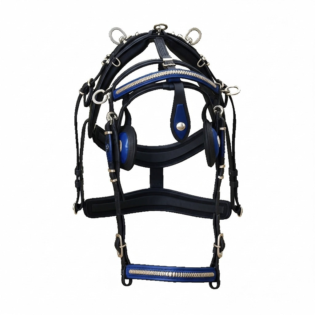 High-Quality Biothane Driving Harness – Blue & Black with Studded Clincher Blinkers