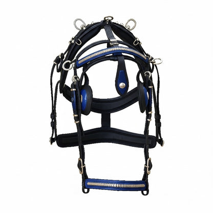 High-Quality Biothane Driving Harness – Blue & Black with Studded Clincher Blinkers