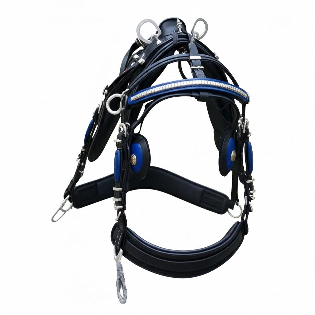 High-Quality Biothane Driving Harness – Blue & Black with Studded Clincher Blinkers