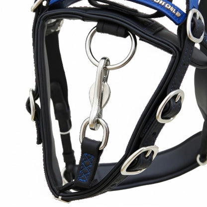 High-Quality Biothane Driving Harness – Blue & Black with Studded Clincher Blinkers